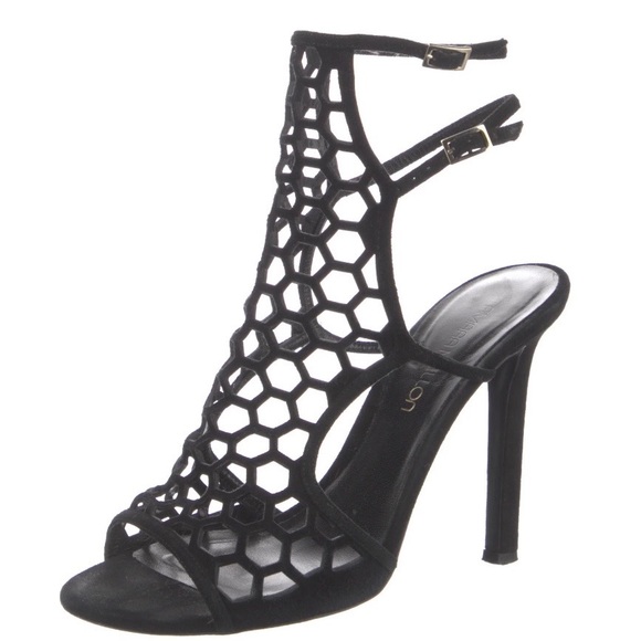 Tamara Mellon black suede laser cut mesh heeled sandals size 38 - Picture 2 of 11